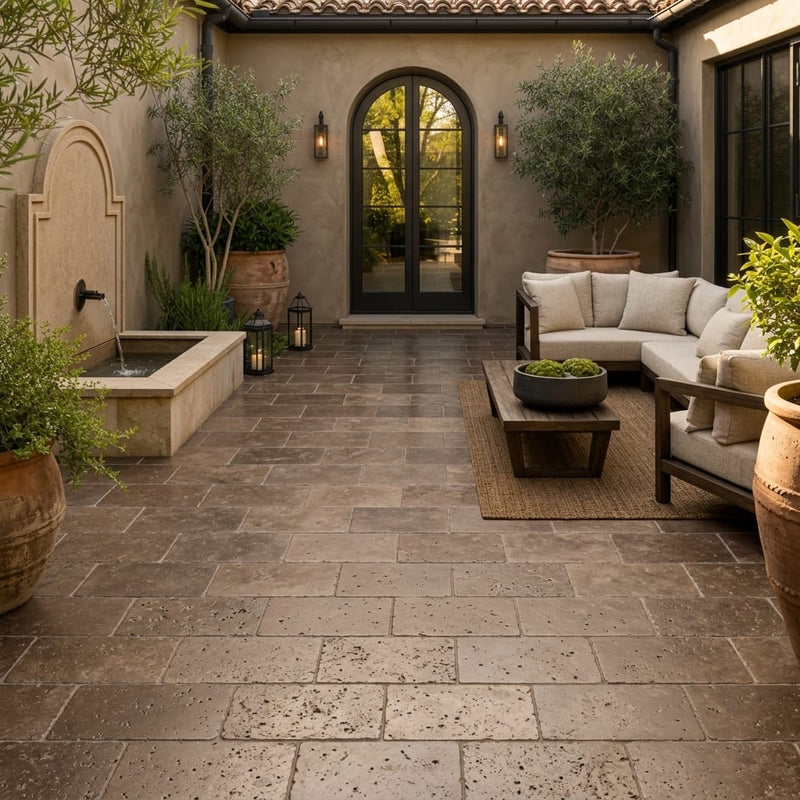 Chocolate Brown Walnut Travertine Tumbled 6 x 12 x 1.25 Paver 6x12 — Courtyard paving