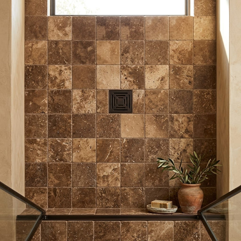 Chocolate Brown Walnut Travertine Tumbled 6 x 6 x 3/8 Cross Cut Tile 6x6 — Bathroom shower floor