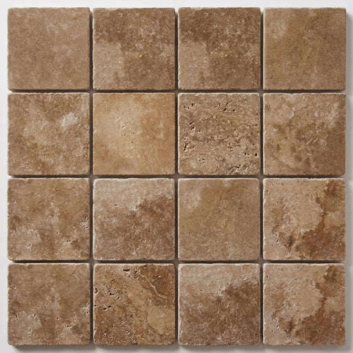Chocolate Brown Walnut Travertine Tumbled 6 x 6 x 3/8 Cross Cut Tile 6x6 close-up
