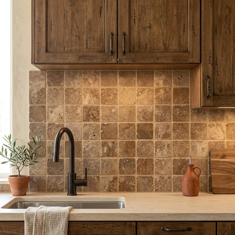 Chocolate Brown Walnut Travertine Tumbled 6 x 6 x 3/8 Cross Cut Tile 6x6 — Kitchen backsplash