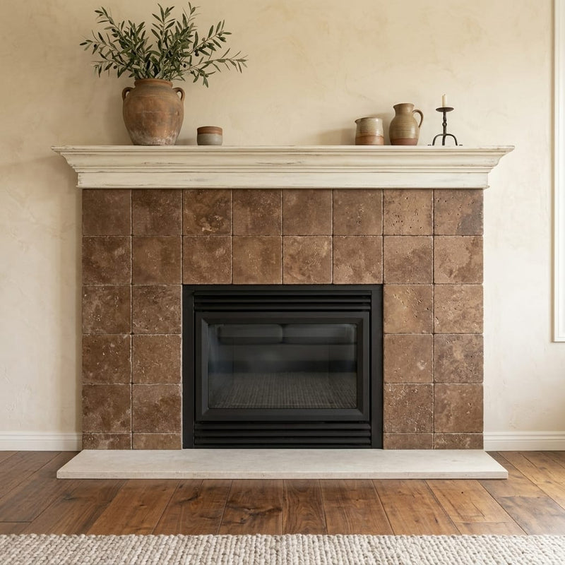 Chocolate Brown Walnut Travertine Tumbled 6 x 6 x 3/8 Cross Cut Tile 6x6 — Living Room fireplace surround