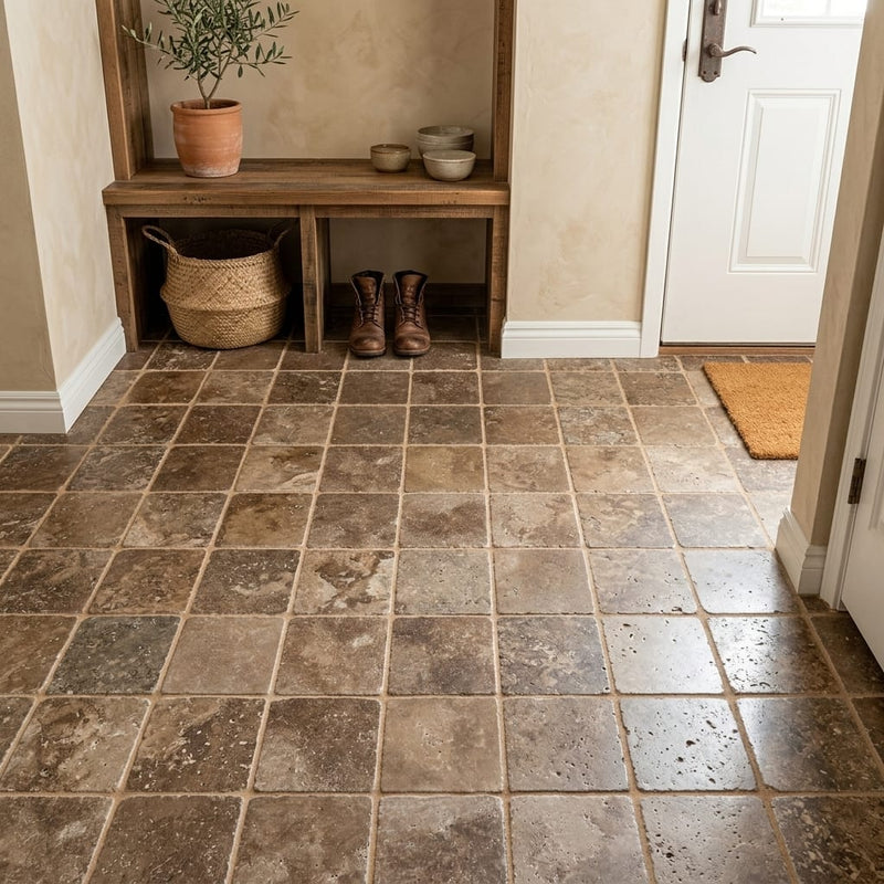 Chocolate Brown Walnut Travertine Tumbled 6 x 6 x 3/8 Cross Cut Tile 6x6 — Mudroom floor
