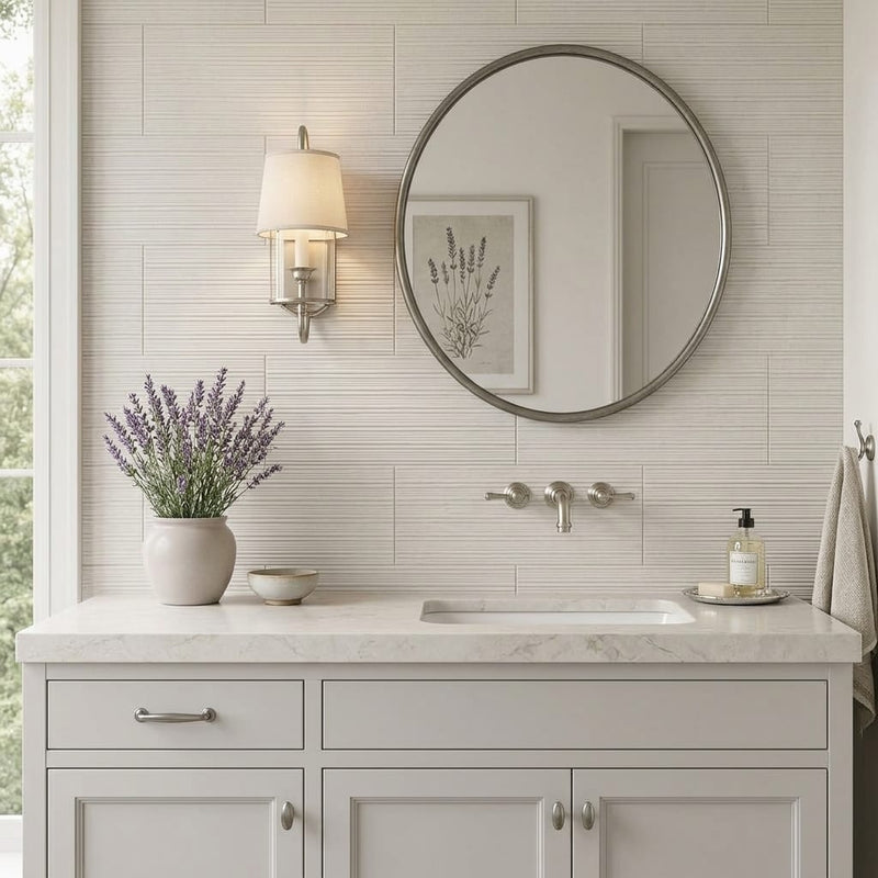Cinderella Bamboo 12x24 3/8" Limestone Tile — Bathroom vanity wall