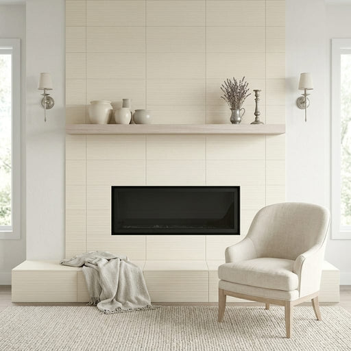 Cinderella Bamboo 12x24 3/8" Limestone Tile — Living Room fireplace surround