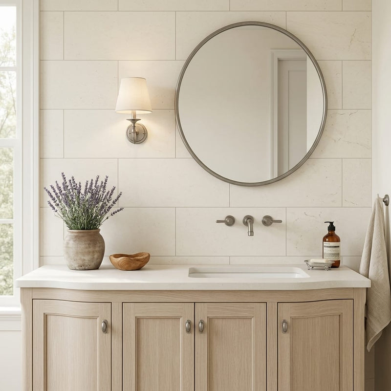 Classic 12x24 Brushed Limestone Tile — Bathroom vanity wall