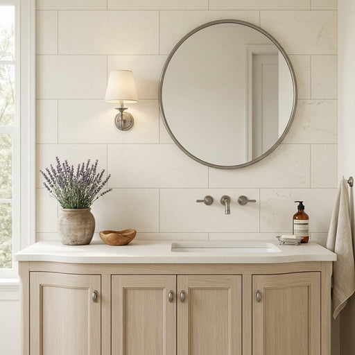 Classic 12x24 Brushed Limestone Tile — Bathroom vanity wall