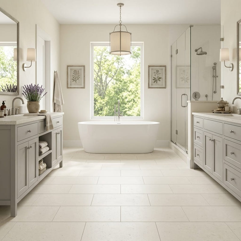 Classic 12x24 Brushed Limestone Tile — Primary Bath floor