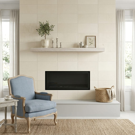 Classic 12x24 Combed Limestone Tile — Living Room fireplace surround