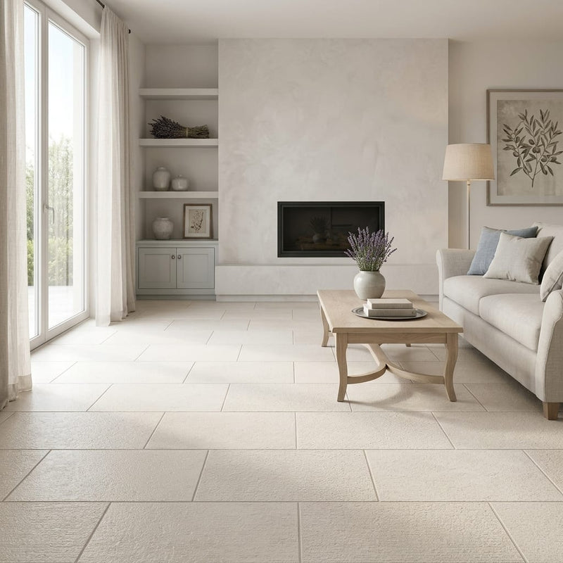 Classic 12x24 Combed Limestone Tile — Living Room floor