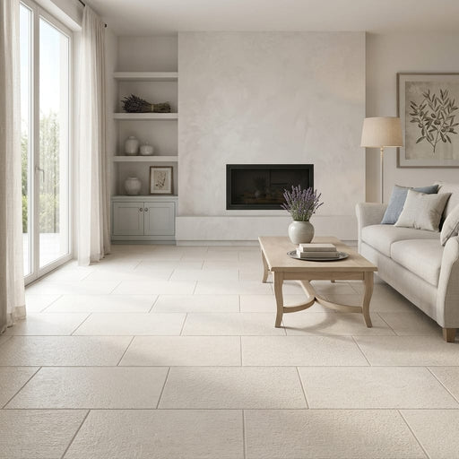 Classic 12x24 Combed Limestone Tile — Living Room floor