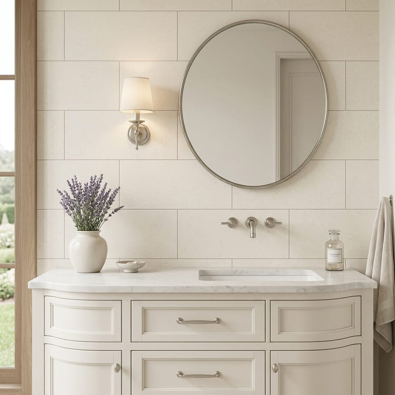 Classic 12x24 Honed Limestone Tile — Bathroom vanity wall