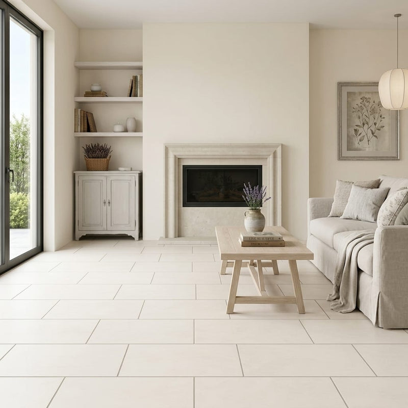 Classic 12x24 Honed Limestone Tile — Living Room floor