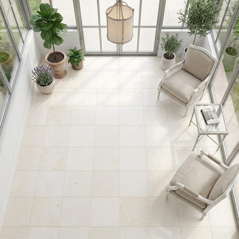 Classic 18x18 Honed Limestone Tile — Sunroom floor