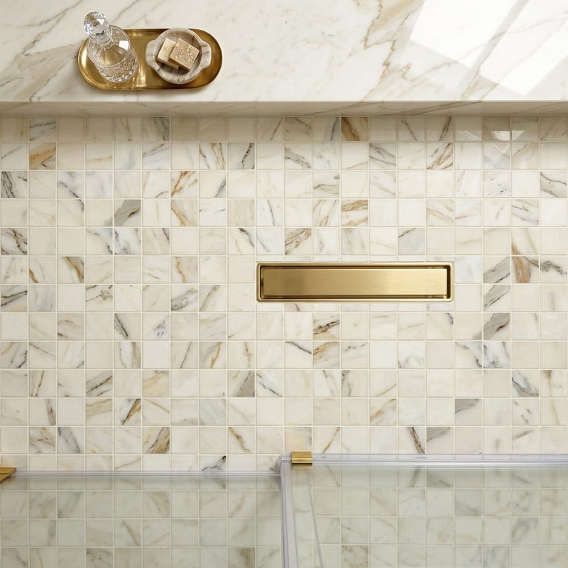 Classic 2.0 Calacatta Oro 2x2 Polished Marble Mosaic — Bathroom shower floor