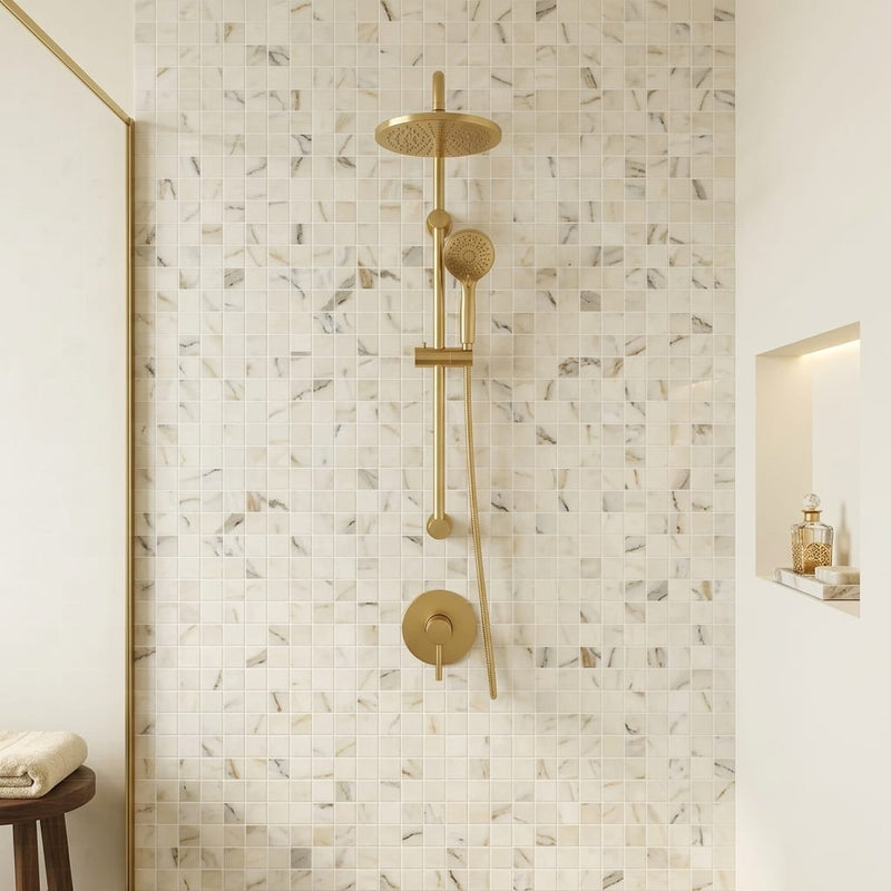 Classic 2.0 Calacatta Oro 2x2 Polished Marble Mosaic — Bathroom shower wall