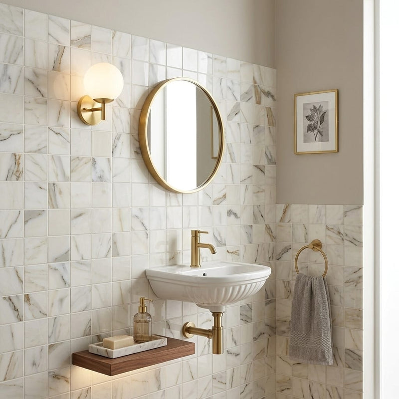 Classic 2.0 Calacatta Oro 2x2 Polished Marble Mosaic — Powder Room wall