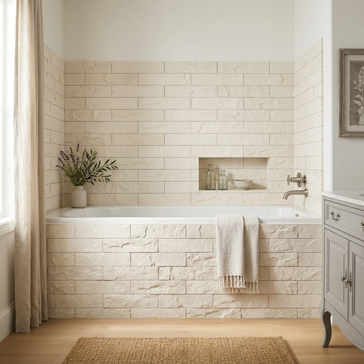 Classic 4x16 Split Limestone Tile — Bathroom tub surround
