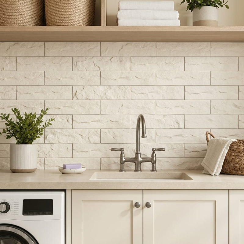 Classic 4x16 Split Limestone Tile — Laundry Room backsplash