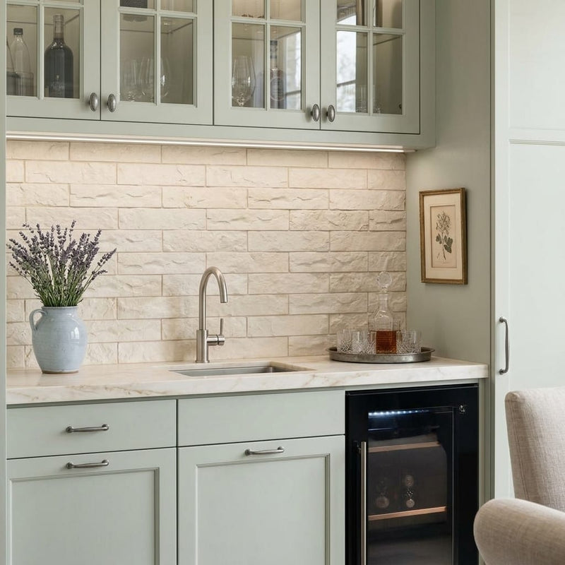 Classic 4x16 Split Limestone Tile — Wet Bar backsplash