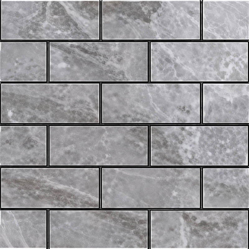 Classic Bardiglietto 2x6 offset glass mosaic on a 12x12 sheet with gray marble-look veining.