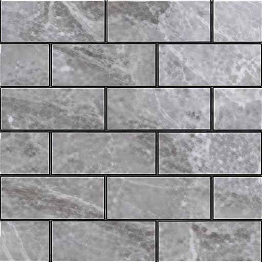 Classic Bardiglietto 2x6 offset glass mosaic on a 12x12 sheet with gray marble-look veining.