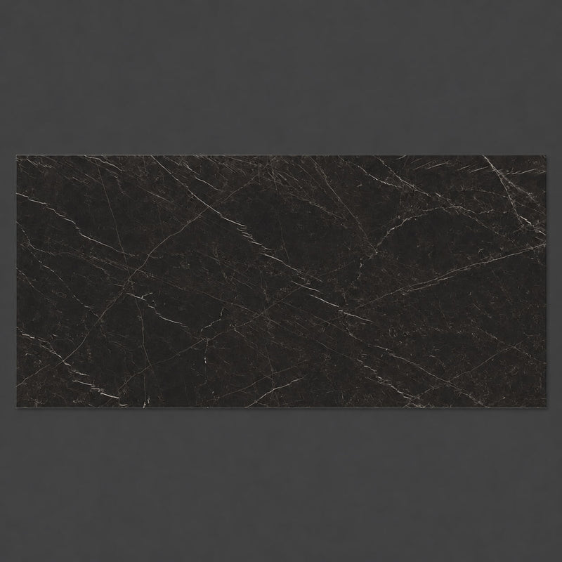Classici Marquinia 63x126 glossy marble look porcelain slab with a dark surface and fine white veining.