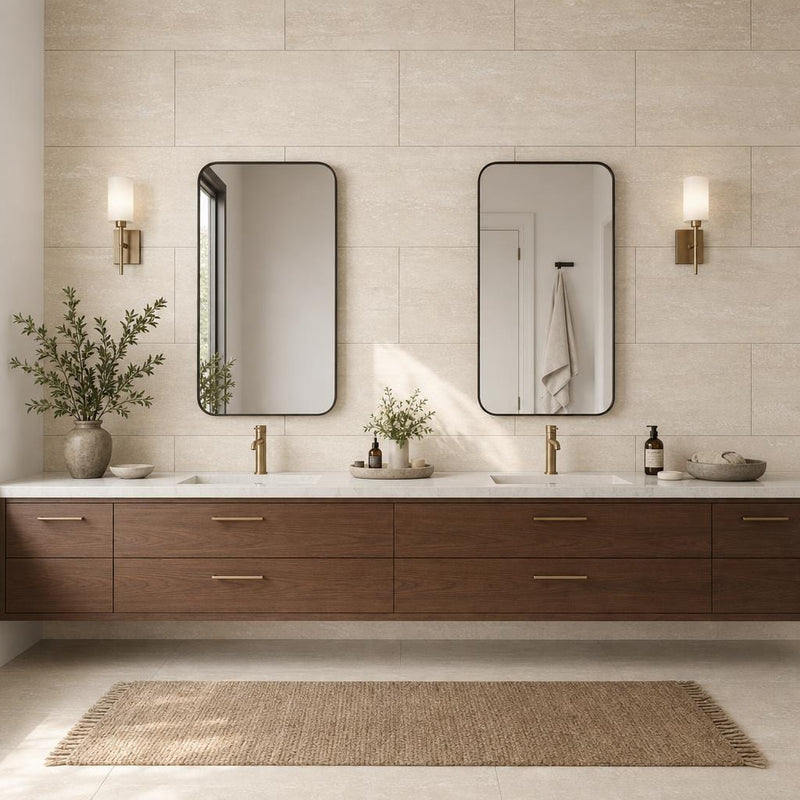 Classico 18x36 Vein Cut Travertine Honed Filled Tile — Bathroom vanity wall