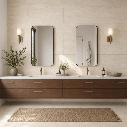 Classico 18x36 Vein Cut Travertine Honed Filled Tile — Bathroom vanity wall