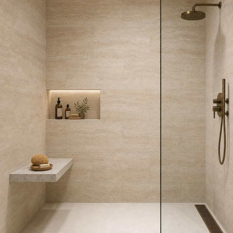 Classico 18x36 Vein Cut Travertine Honed Unfilled Tile — Bathroom shower wall