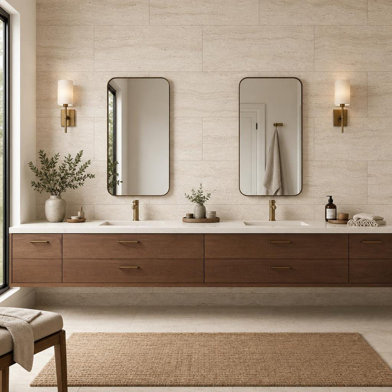Classico 18x36 Vein Cut Travertine Honed Unfilled Tile — Bathroom vanity wall
