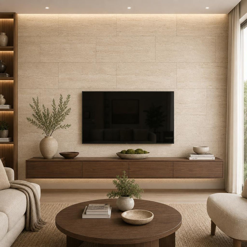 Classico 18x36 Vein Cut Travertine Honed Unfilled Tile — Living Room feature wall