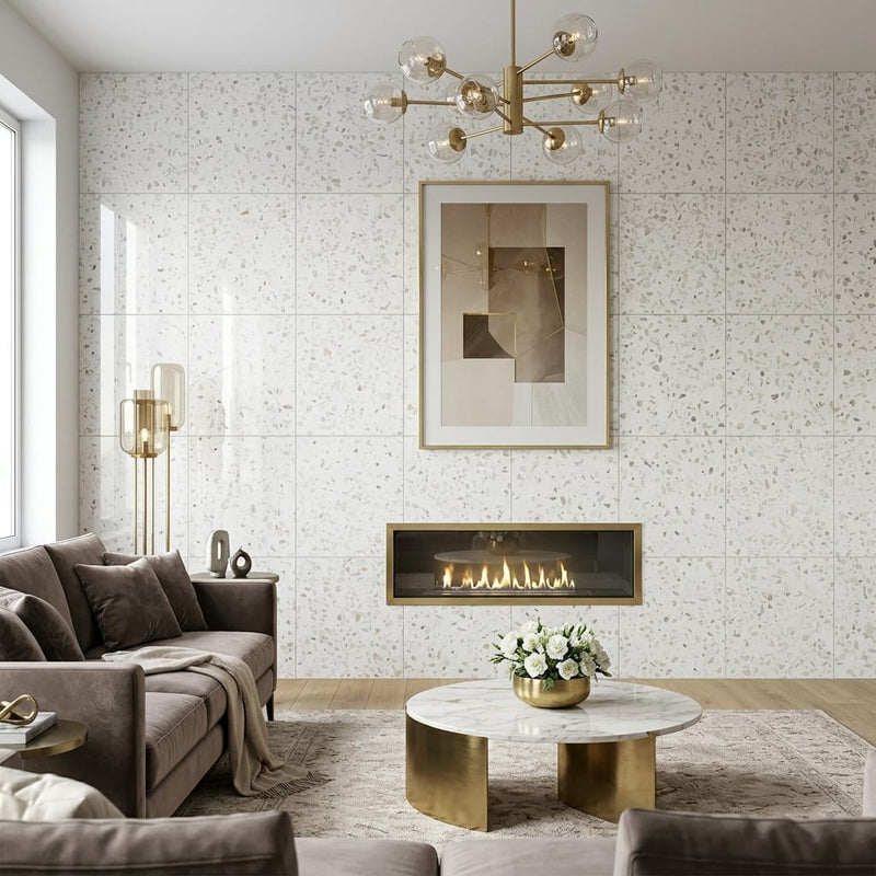 Classico 24x24x1/2 Polished Marble Tile — Living Room feature wall
