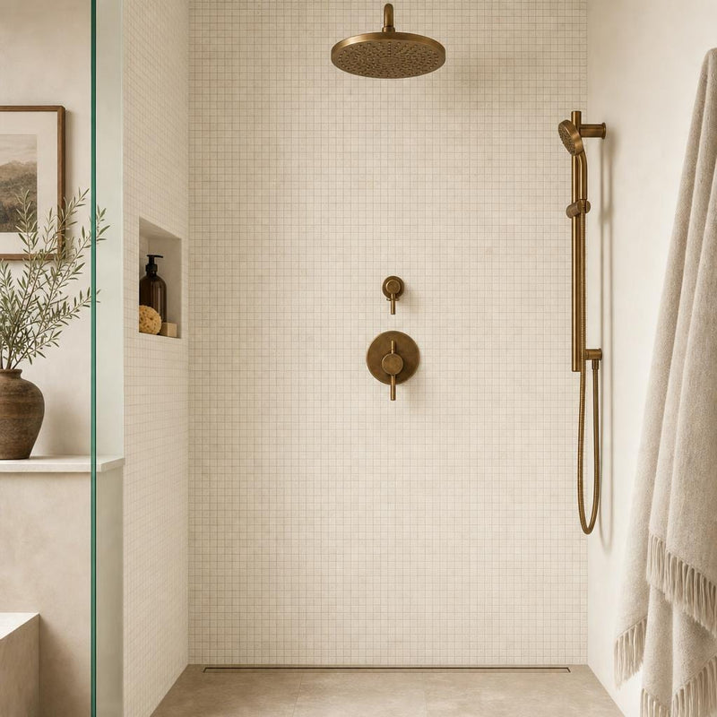 Classico 5/8x5/8 12x12 Sheet Natural Travertine Mosaic — Bathroom shower wall