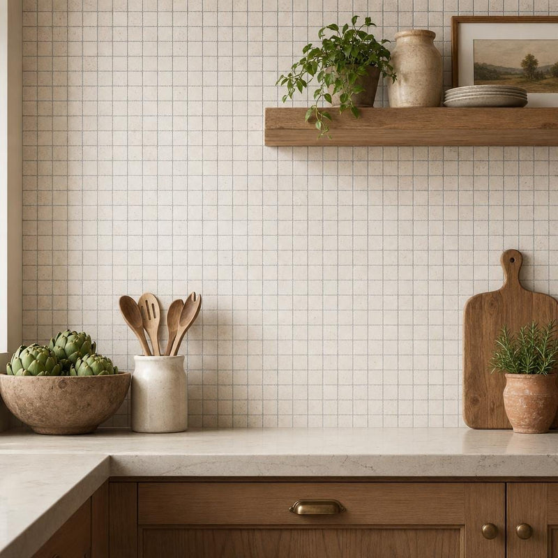 Classico 5/8x5/8 12x12 Sheet Natural Travertine Mosaic — Kitchen backsplash
