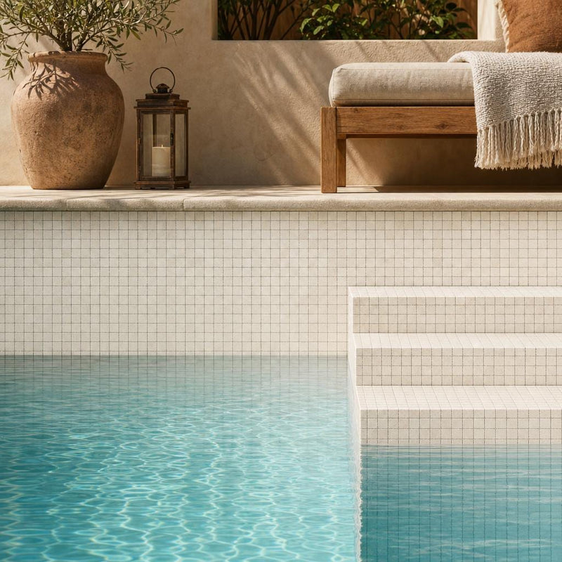 Classico 5/8x5/8 12x12 Sheet Natural Travertine Mosaic — Swimming Pool pool interior tiling