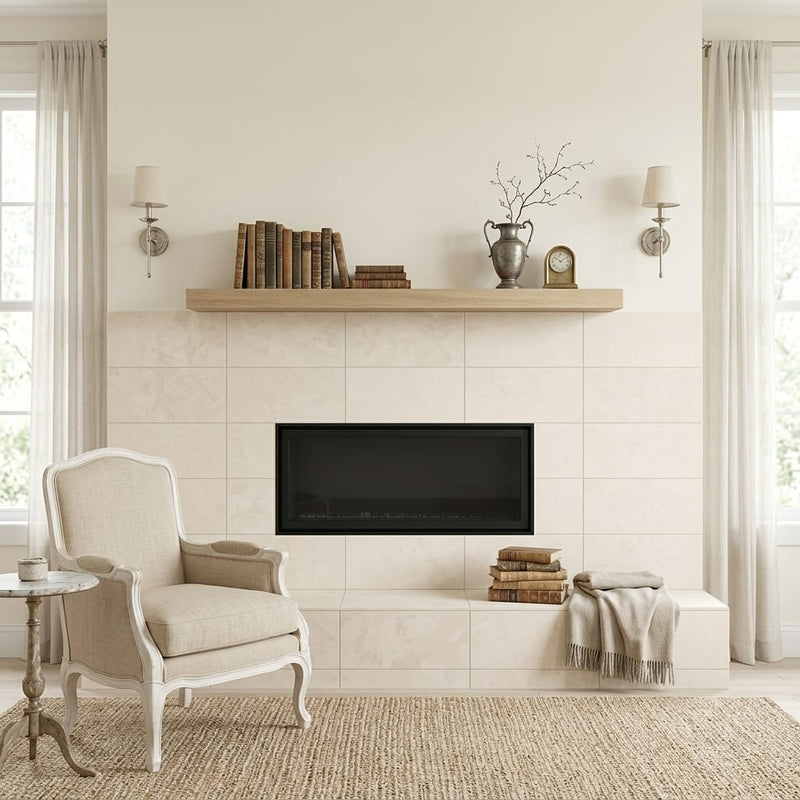 Cloudy Limestone 12x24 Brushed Tile — Living Room fireplace surround