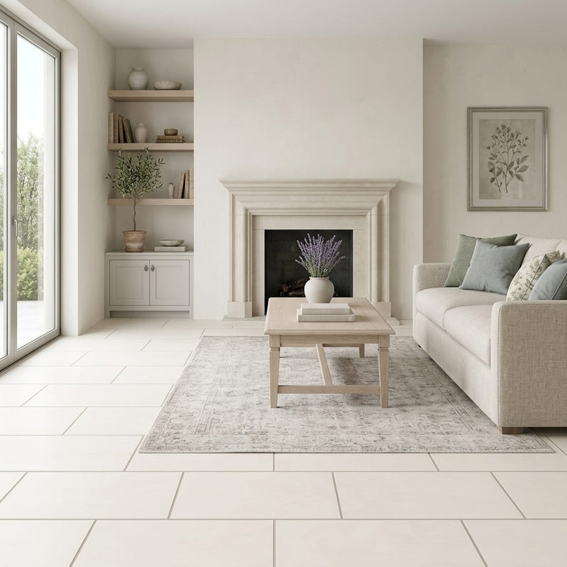 Cloudy Limestone 12x24 Brushed Tile — Living Room floor