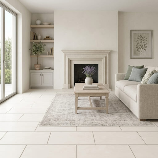 Cloudy Limestone 12x24 Brushed Tile — Living Room floor