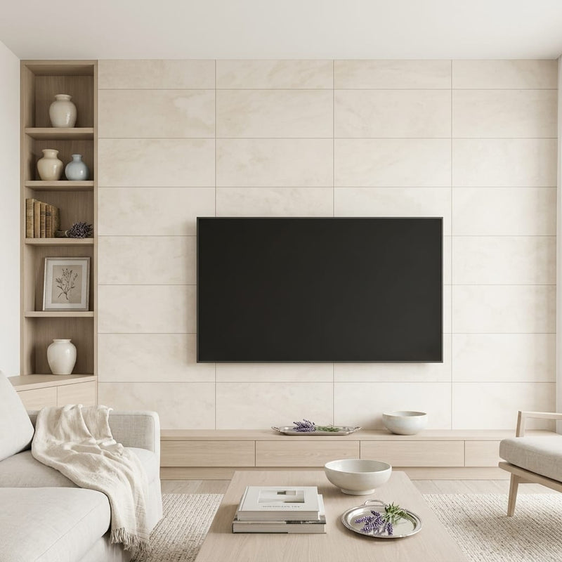 Cloudy Limestone 12x24 Honed Tile — Living Room feature wall