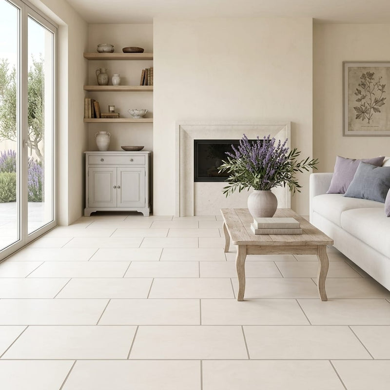 Cloudy Limestone 12x24 Honed Tile — Living Room floor