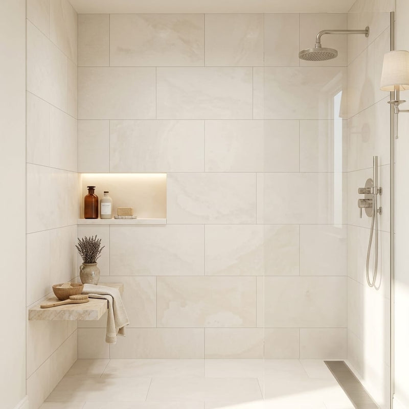 Cloudy Limestone 18x36 Brushed Tile — Bathroom shower wall