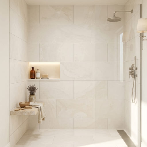 Cloudy Limestone 18x36 Brushed Tile — Bathroom shower wall