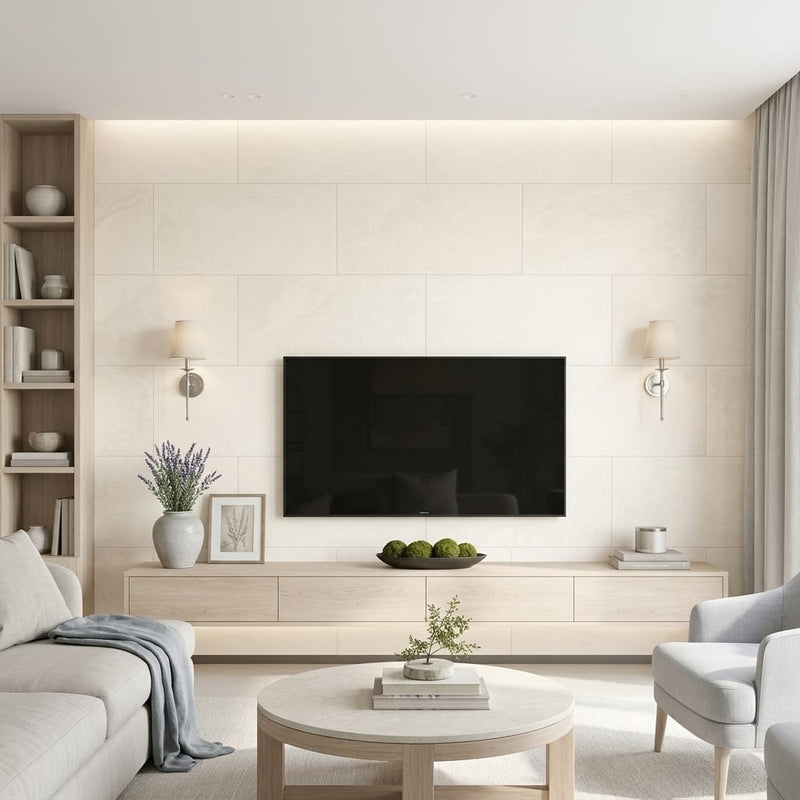 Cloudy Limestone 18x36 Brushed Tile — Living Room feature wall