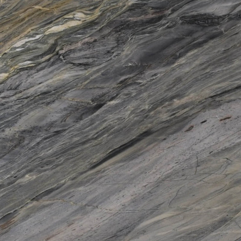 Close-up of Cobalt Blue 3cm polished quartzite slab with flowing blue-gray mineral bands and fine golden-brown veins.