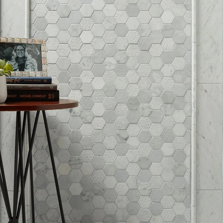 Completa Bianco Venatino 2x2 Hexagon Multi Finish Marble Mosaic