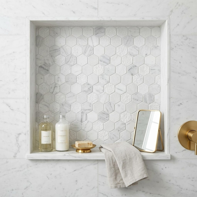 Completa Bianco Venatino 2x2 Hexagon Multi Finish Marble Mosaic — Bathroom niche
