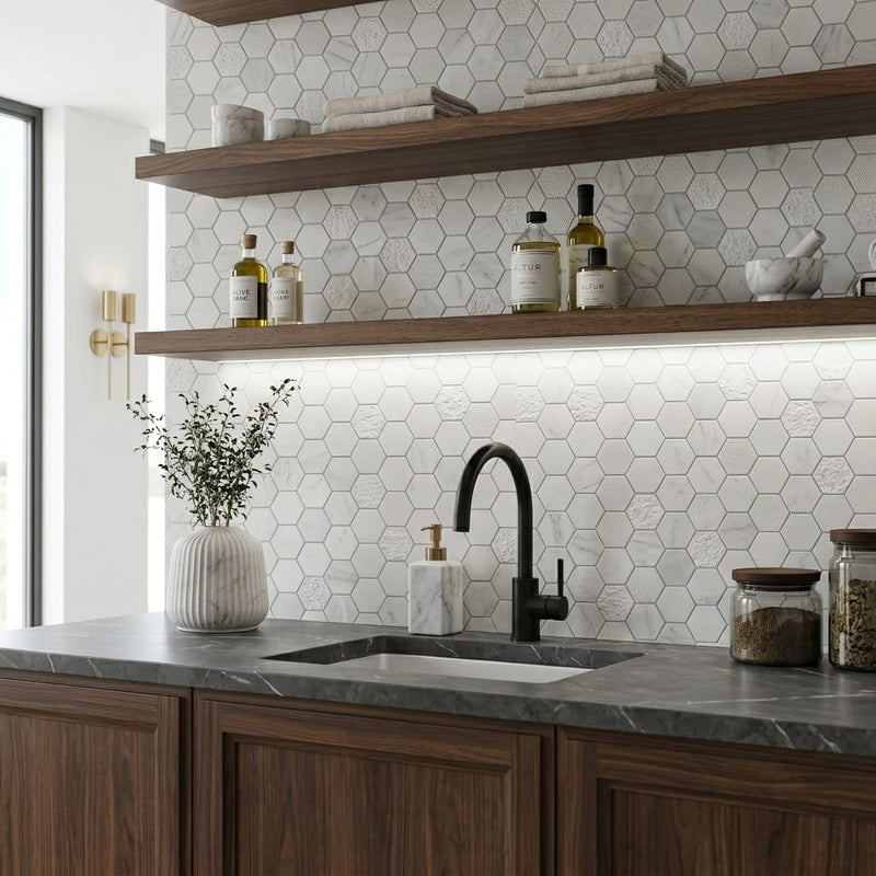 Completa Bianco Venatino 2x2 Hexagon Multi Finish Marble Mosaic — Kitchen backsplash