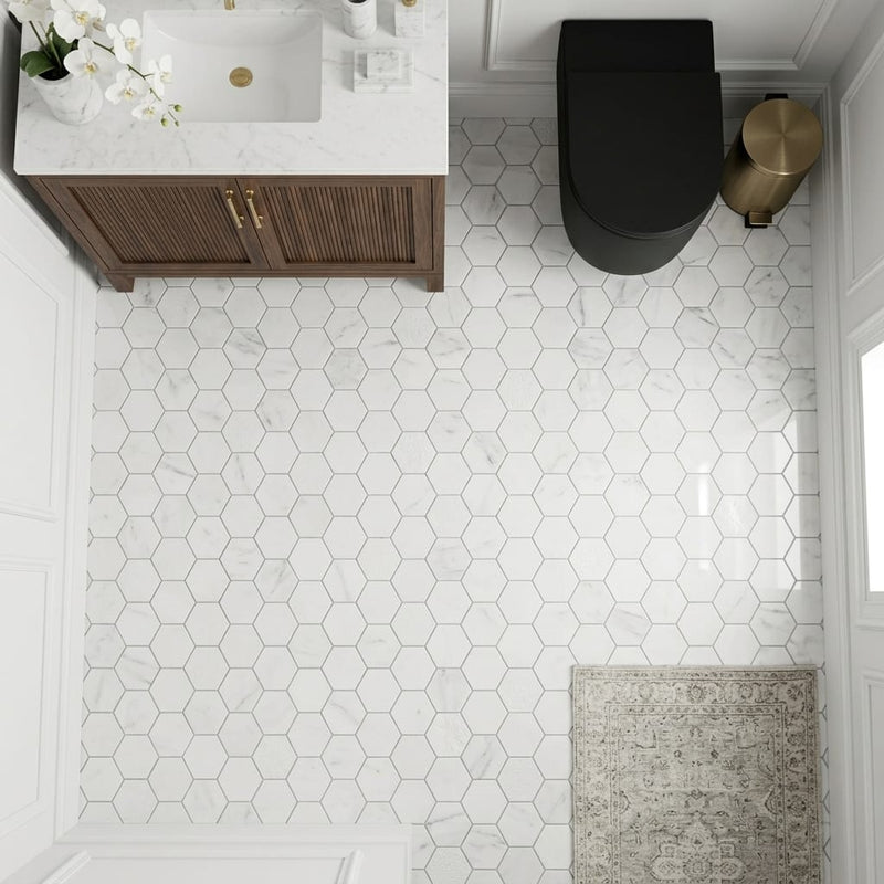 Completa Bianco Venatino 2x2 Hexagon Multi Finish Marble Mosaic — Powder Room floor