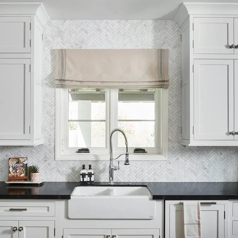 Completa Series Bianco Venatino 1x4x3/8 Honed Herringbone Marble Mosaic