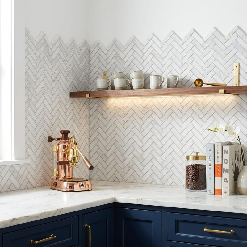 Completa Calacatta Gris 1x4 Herringbone Honed Marble Mosaic — Kitchen backsplash